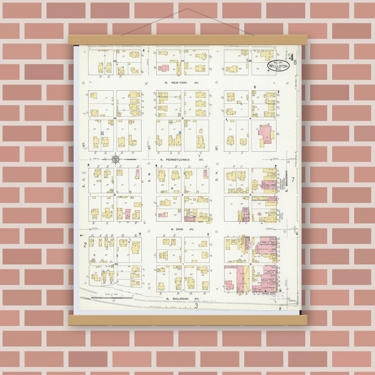 Old map wall art mockup — magnetic wood frame on brick wall — Sanborn Fire Insurance Map from Wellston, Jackson County, Ohio (1911), Sheet #0004