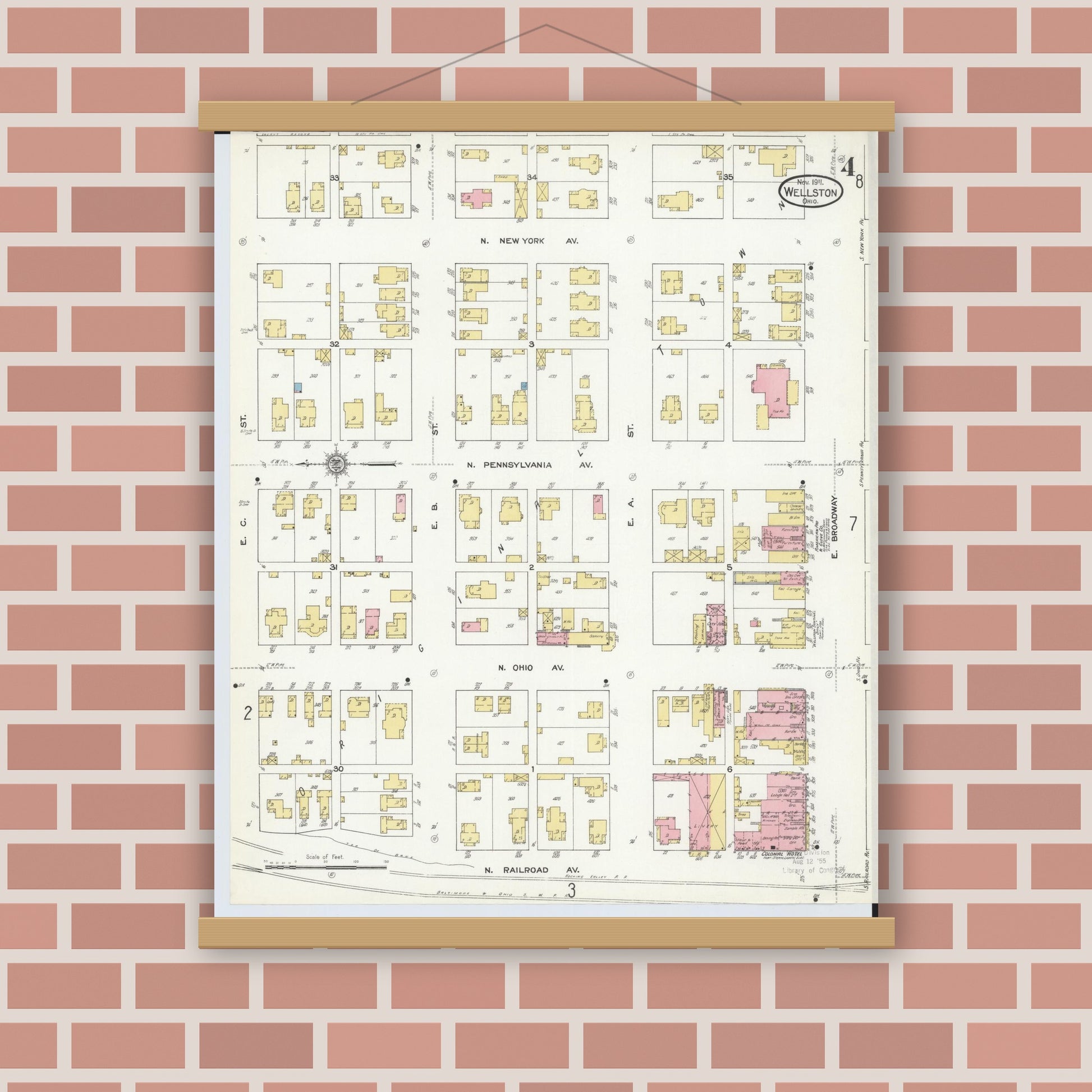 Old map wall art mockup — magnetic wood frame on brick wall — Sanborn Fire Insurance Map from Wellston, Jackson County, Ohio (1911), Sheet #0004