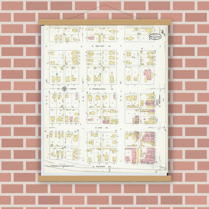 Old map wall art mockup — magnetic wood frame on brick wall — Sanborn Fire Insurance Map from Wellston, Jackson County, Ohio (1911), Sheet #0004