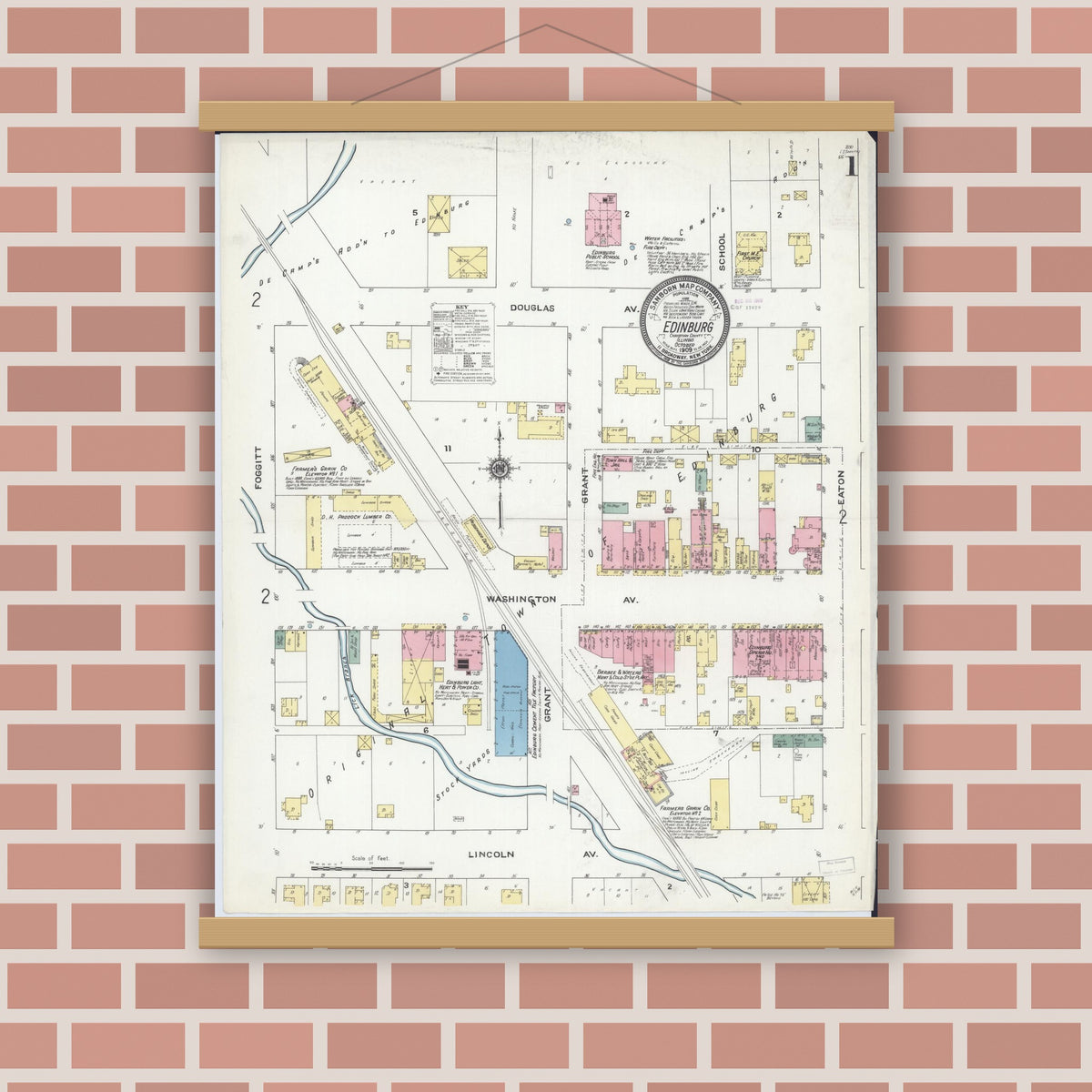 Old map wall art mockup — magnetic wood frame on brick wall — Sanborn Fire Insurance Map from Edinburgh, Christian County, Illinois (1909) - Complete Map Set