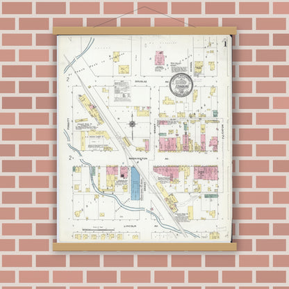 Old map wall art mockup — magnetic wood frame on brick wall — Sanborn Fire Insurance Map from Edinburgh, Christian County, Illinois (1909) - Complete Map Set