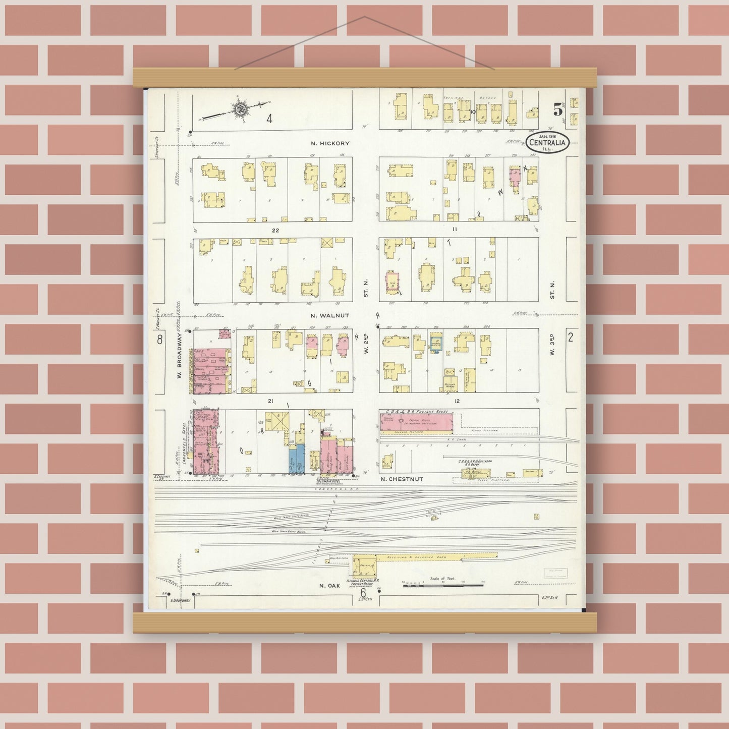 Old map wall art mockup — magnetic wood frame on brick wall — Sanborn Fire Insurance Map from Centralia, Marion, Clinton, Jefferson, and Washington Counties, Illinois (1916), Sheet #0005