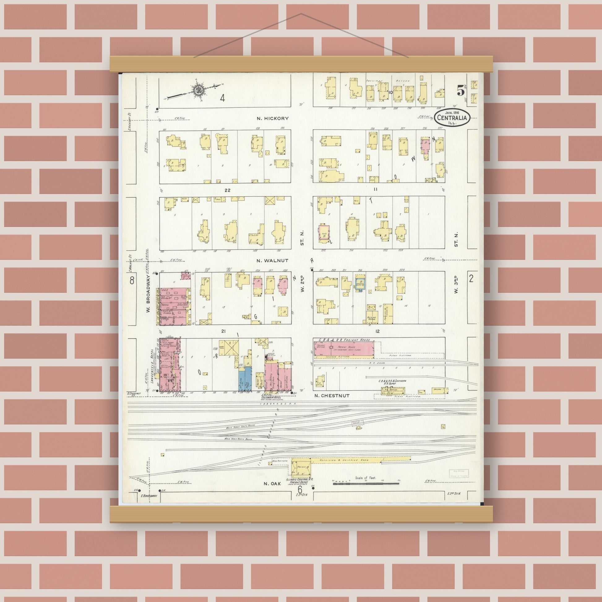 Old map wall art mockup — magnetic wood frame on brick wall — Sanborn Fire Insurance Map from Centralia, Marion, Clinton, Jefferson, and Washington Counties, Illinois (1916), Sheet #0005