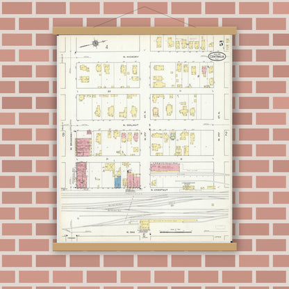 Old map wall art mockup — magnetic wood frame on brick wall — Sanborn Fire Insurance Map from Centralia, Marion, Clinton, Jefferson, and Washington Counties, Illinois (1916), Sheet #0005