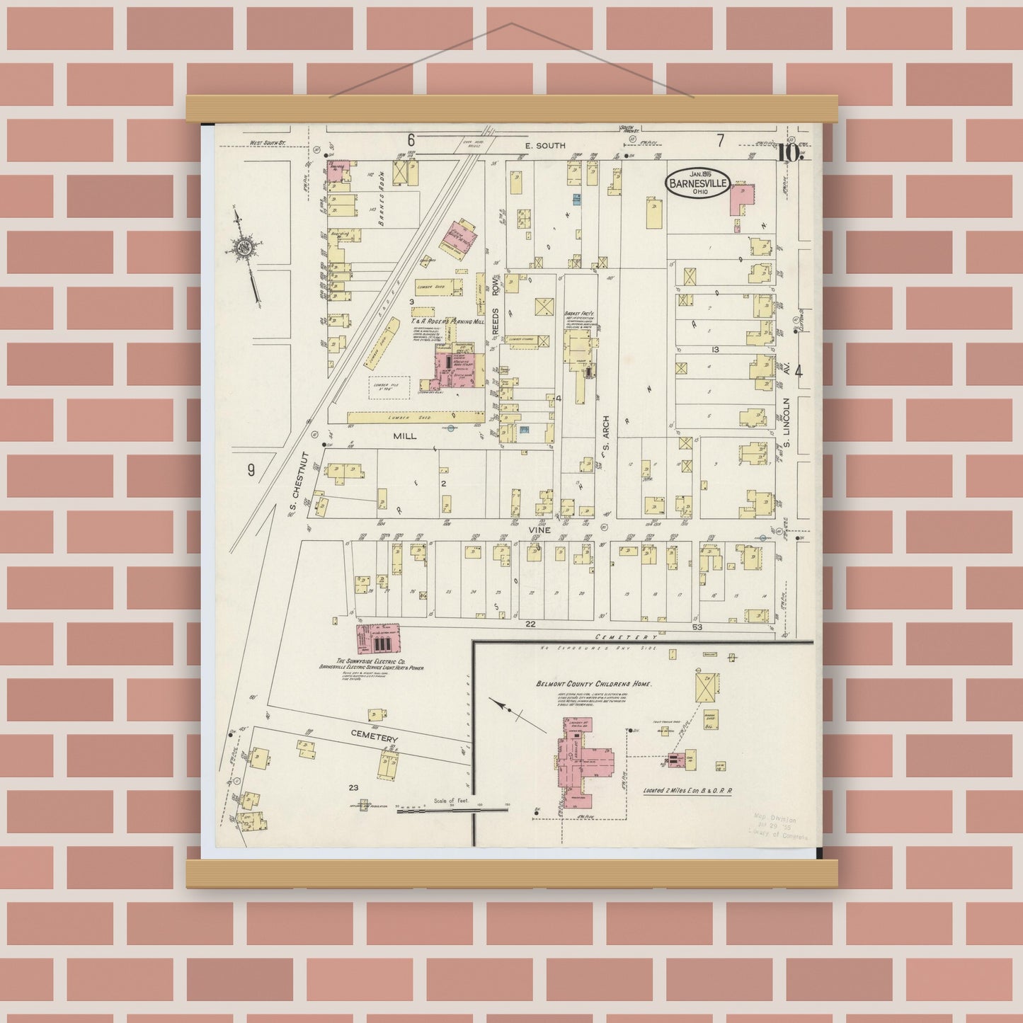 Old map wall art mockup — magnetic wood frame on brick wall — Sanborn Fire Insurance Map from Barnesville, Belmont County, Ohio (1915), Sheet #0010