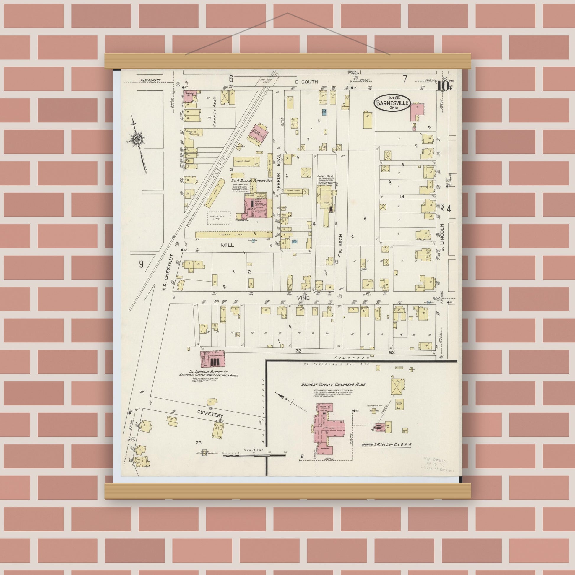 Old map wall art mockup — magnetic wood frame on brick wall — Sanborn Fire Insurance Map from Barnesville, Belmont County, Ohio (1915), Sheet #0010