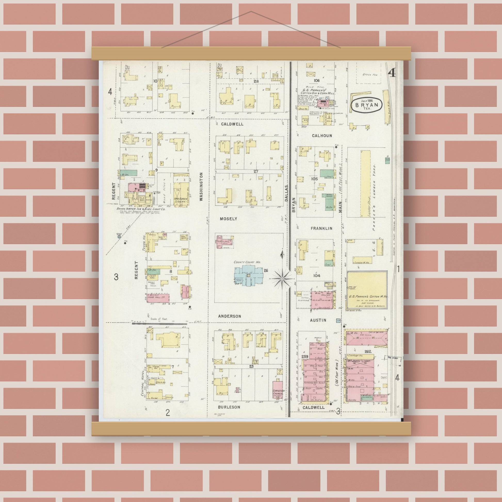 Old map wall art mockup — magnetic wood frame on brick wall — Sanborn Fire Insurance Map from Bryan, Brazos County, Texas (1896), Sheet #0004
