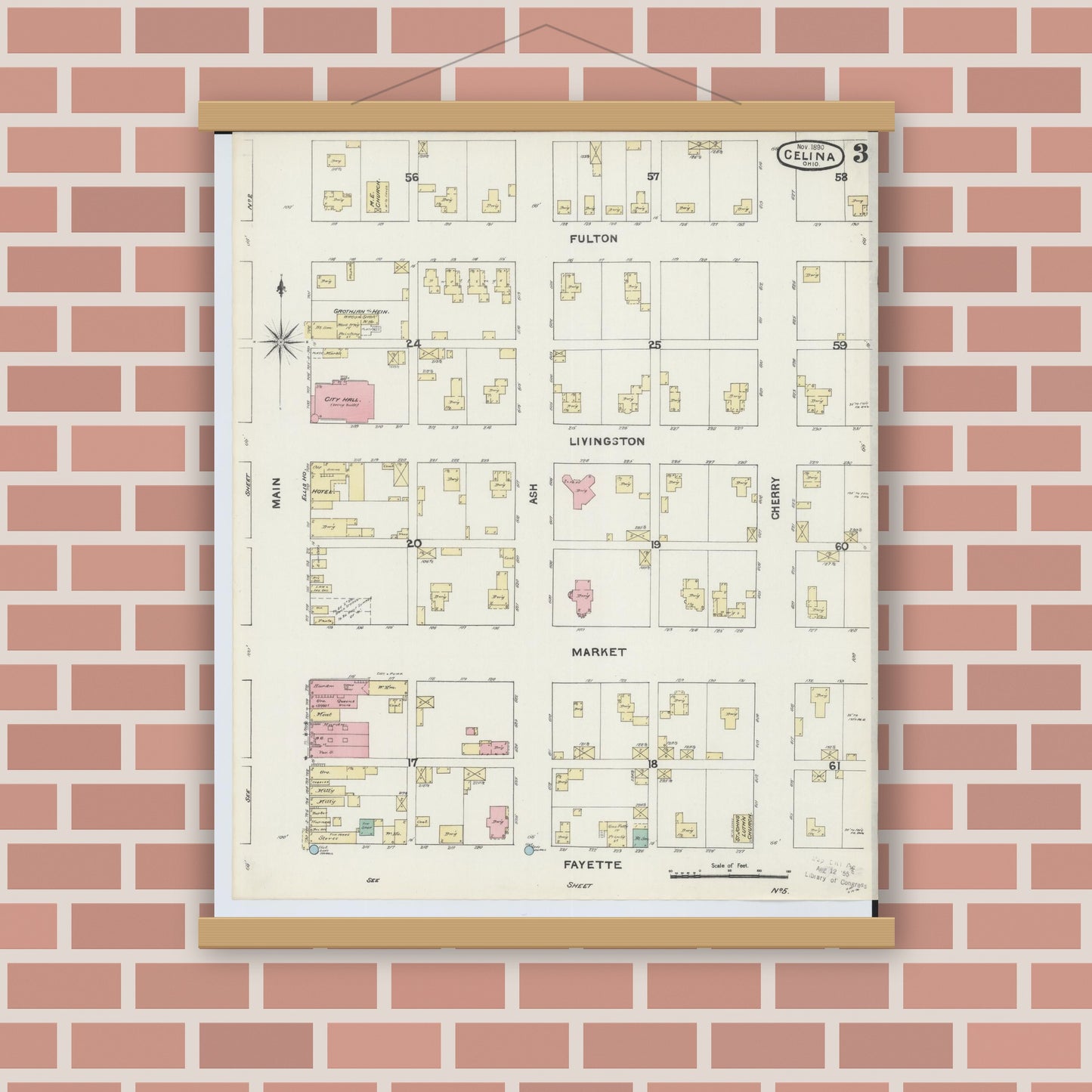 Old map wall art mockup — magnetic wood frame on brick wall — Sanborn Fire Insurance Map from Celina, Mercer County, Ohio (1890), Sheet #0003