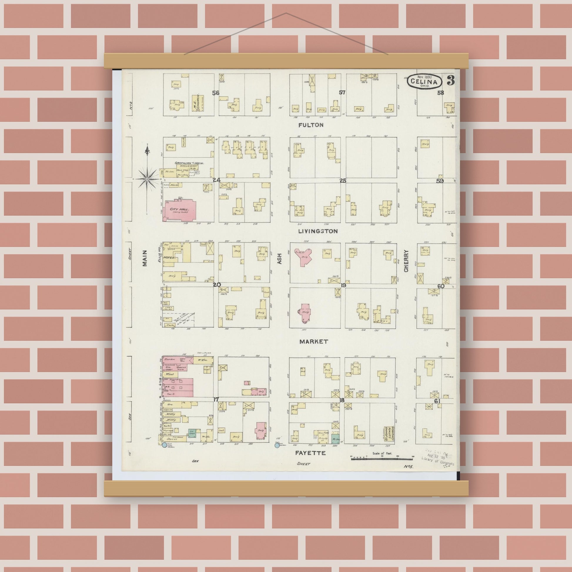 Old map wall art mockup — magnetic wood frame on brick wall — Sanborn Fire Insurance Map from Celina, Mercer County, Ohio (1890), Sheet #0003