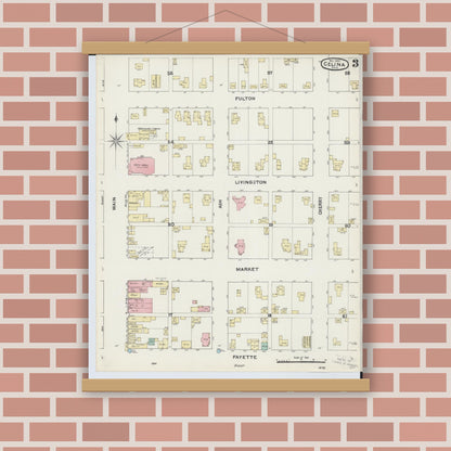 Old map wall art mockup — magnetic wood frame on brick wall — Sanborn Fire Insurance Map from Celina, Mercer County, Ohio (1890), Sheet #0003