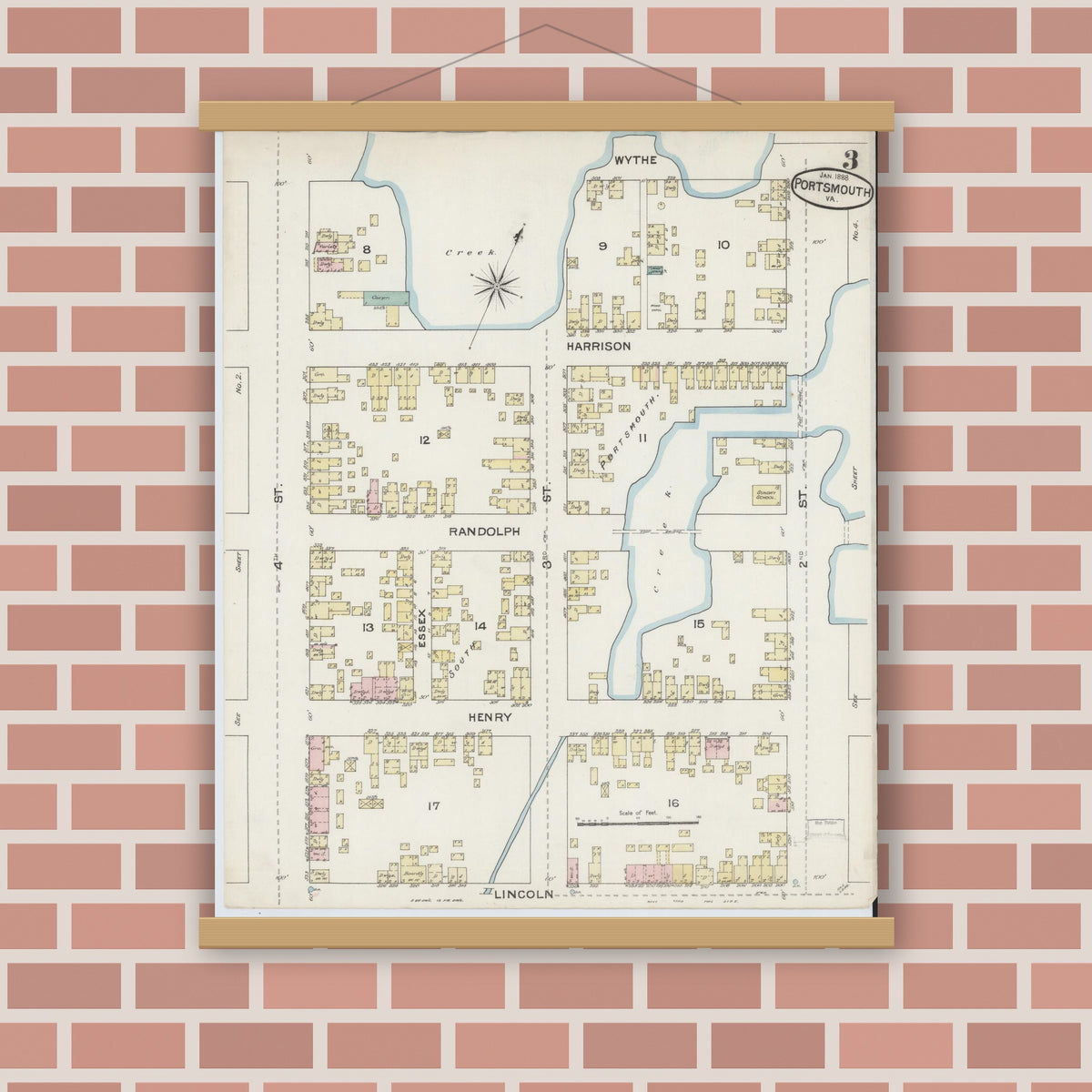 Old map wall art mockup — magnetic wood frame on brick wall — Sanborn Fire Insurance Map from Portsmouth, Independent Cities, Virginia (1888), Sheet #0003