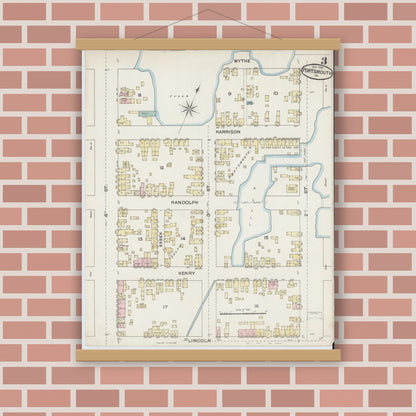Old map wall art mockup — magnetic wood frame on brick wall — Sanborn Fire Insurance Map from Portsmouth, Independent Cities, Virginia (1888), Sheet #0003