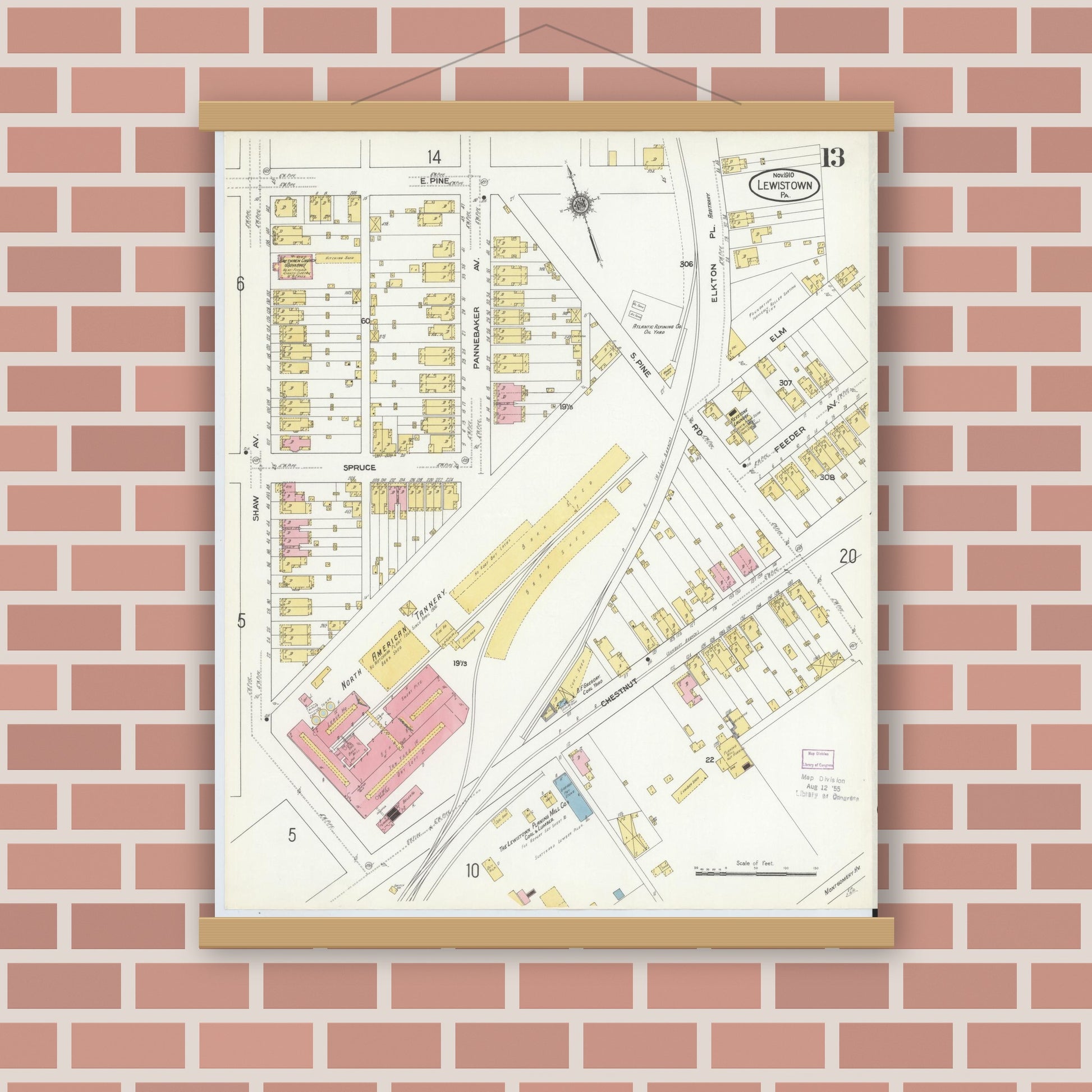 Old map wall art mockup — magnetic wood frame on brick wall — Sanborn Fire Insurance Map from Lewistown, Mifflin County, Pennsylvania (1910), Sheet #0013