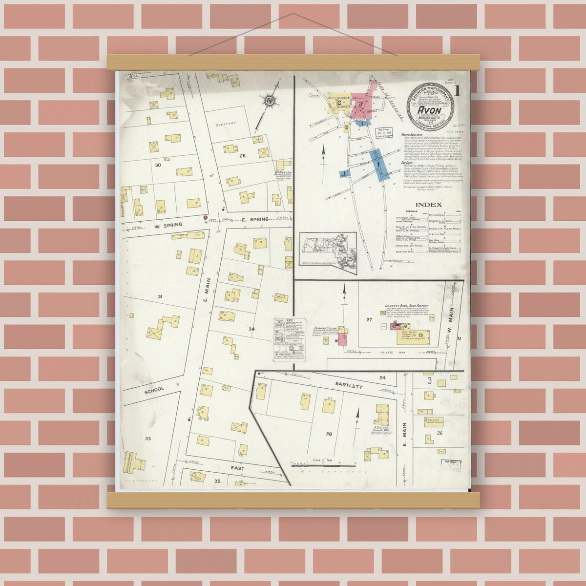 Old map wall art mockup — magnetic wood frame on brick wall — Sanborn Fire Insurance Map from Avon, Norfolk County, Massachusetts (1916) - Complete Map Set