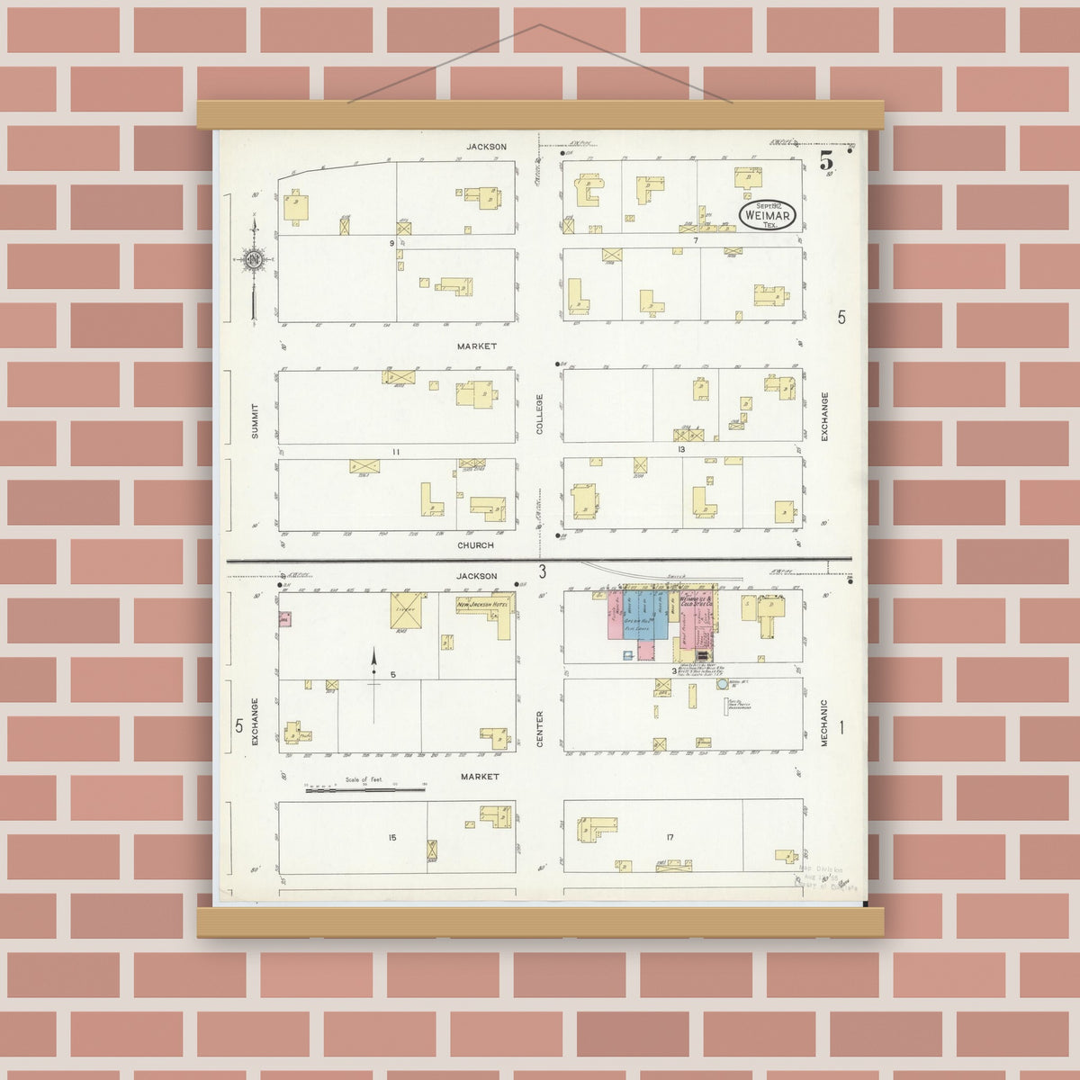 Old map wall art mockup — magnetic wood frame on brick wall — Sanborn Fire Insurance Map from Weimar, Colorado County, Texas (1912), Sheet #0005