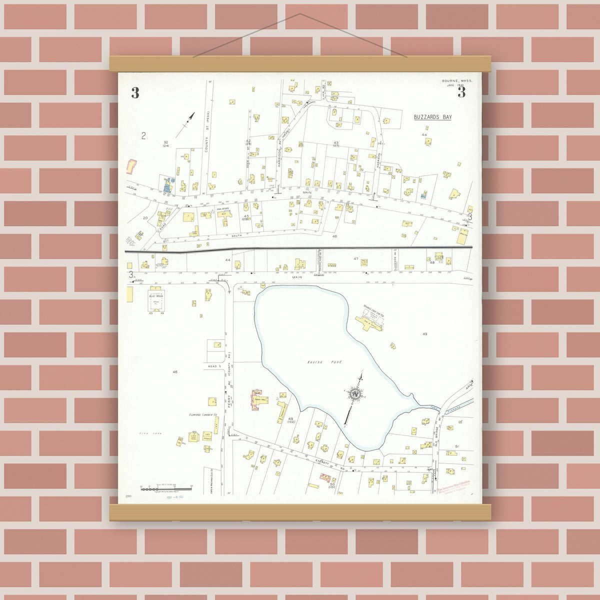 Old map wall art mockup — magnetic wood frame on brick wall — Sanborn Fire Insurance Map from Bourne, Barnstable County, Massachusetts (1941), Sheet #0003