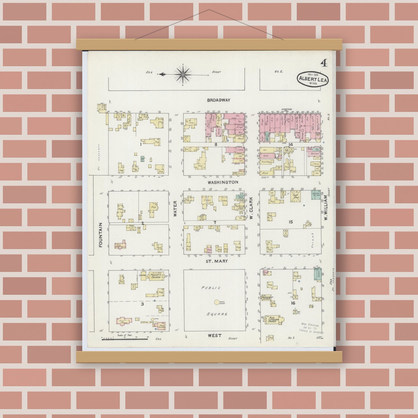 Old map wall art mockup — magnetic wood frame on brick wall — Sanborn Fire Insurance Map from Albert Lea, Freeborn County, Minnesota (1891), Sheet #0004