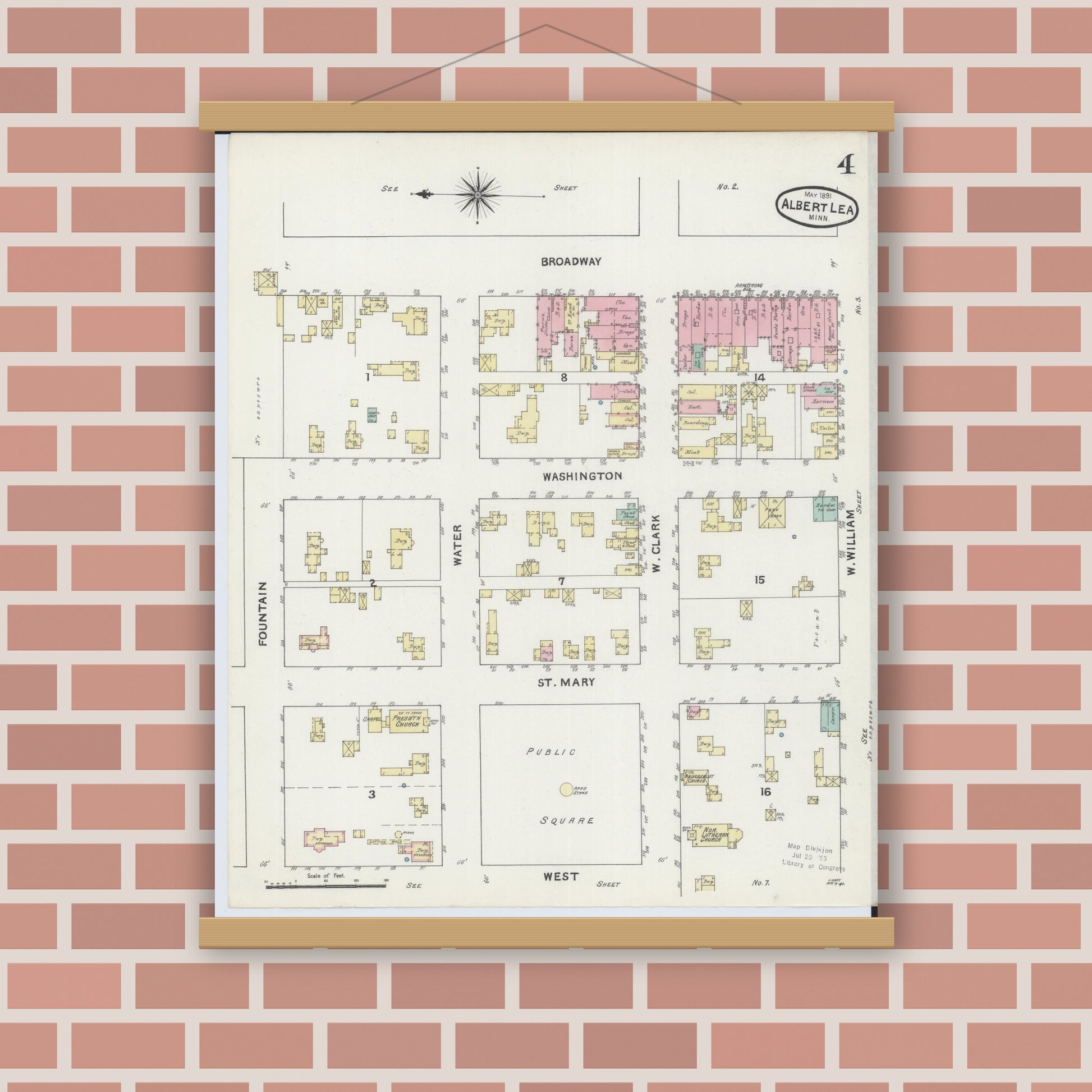 Old map wall art mockup — magnetic wood frame on brick wall — Sanborn Fire Insurance Map from Albert Lea, Freeborn County, Minnesota (1891), Sheet #0004