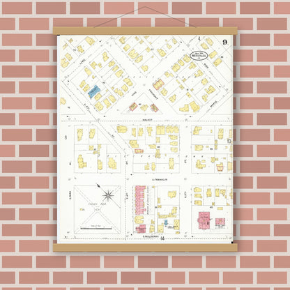 Old map wall art mockup — magnetic wood frame on brick wall — Sanborn Fire Insurance Map from Waterloo, Black Hawk County, Iowa (1906), Sheet #0009