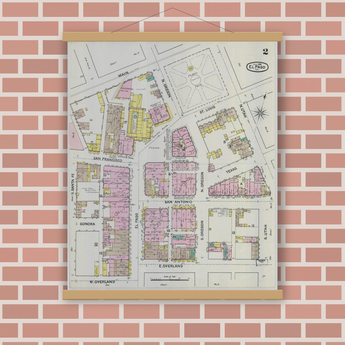 Old map wall art mockup — magnetic wood frame on brick wall — Sanborn Fire Insurance Map from El Paso, El Paso County, Texas (1888), Sheet #0002