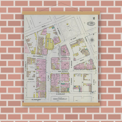 Old map wall art mockup — magnetic wood frame on brick wall — Sanborn Fire Insurance Map from El Paso, El Paso County, Texas (1888), Sheet #0002