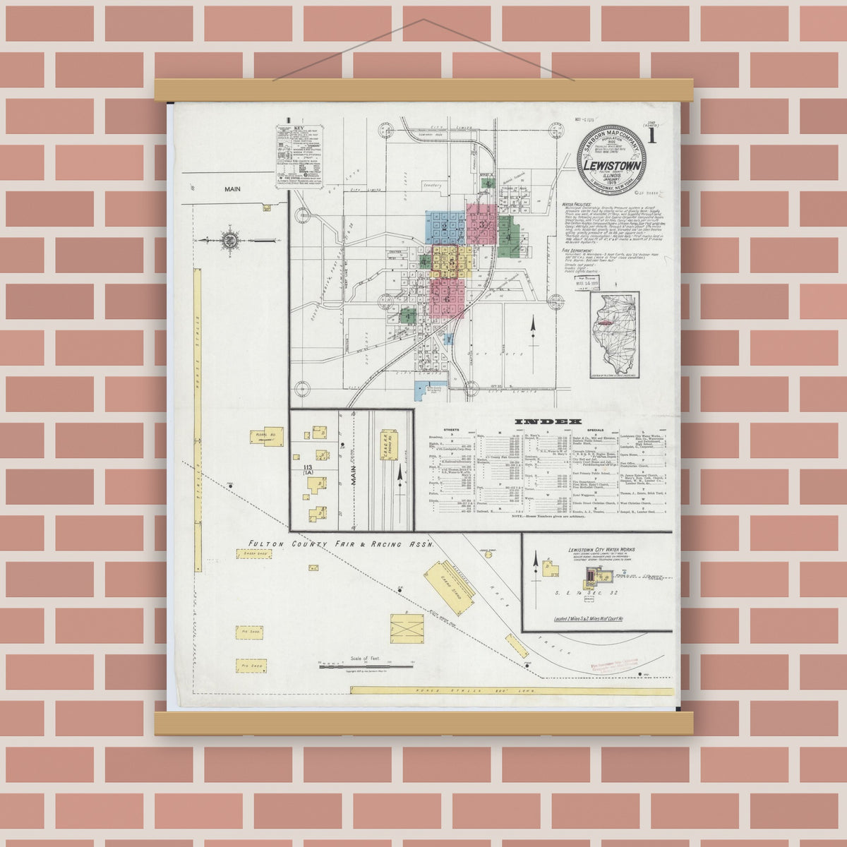 Old map wall art mockup — magnetic wood frame on brick wall — Sanborn Fire Insurance Map from Lewistown, Fulton County, Illinois (1919) - Complete Map Set