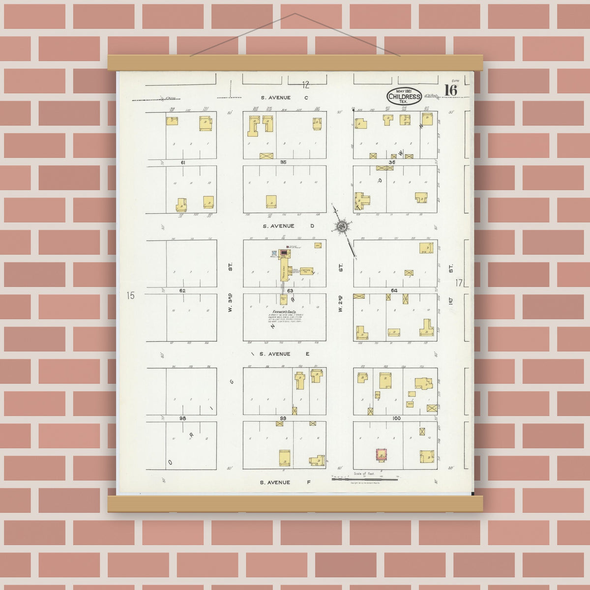 Old map wall art mockup — magnetic wood frame on brick wall — Sanborn Fire Insurance Map from Childress, Childress County, Texas (1921), Sheet #0016