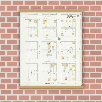 Old map wall art mockup — magnetic wood frame on brick wall — Sanborn Fire Insurance Map from Childress, Childress County, Texas (1921), Sheet #0016