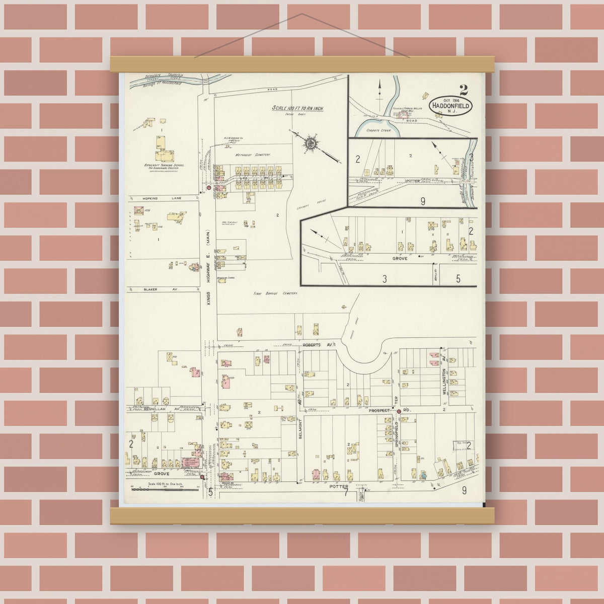 Old map wall art mockup — magnetic wood frame on brick wall — Sanborn Fire Insurance Map from Haddonfield, Camden County, New Jersey (1914), Sheet #0002