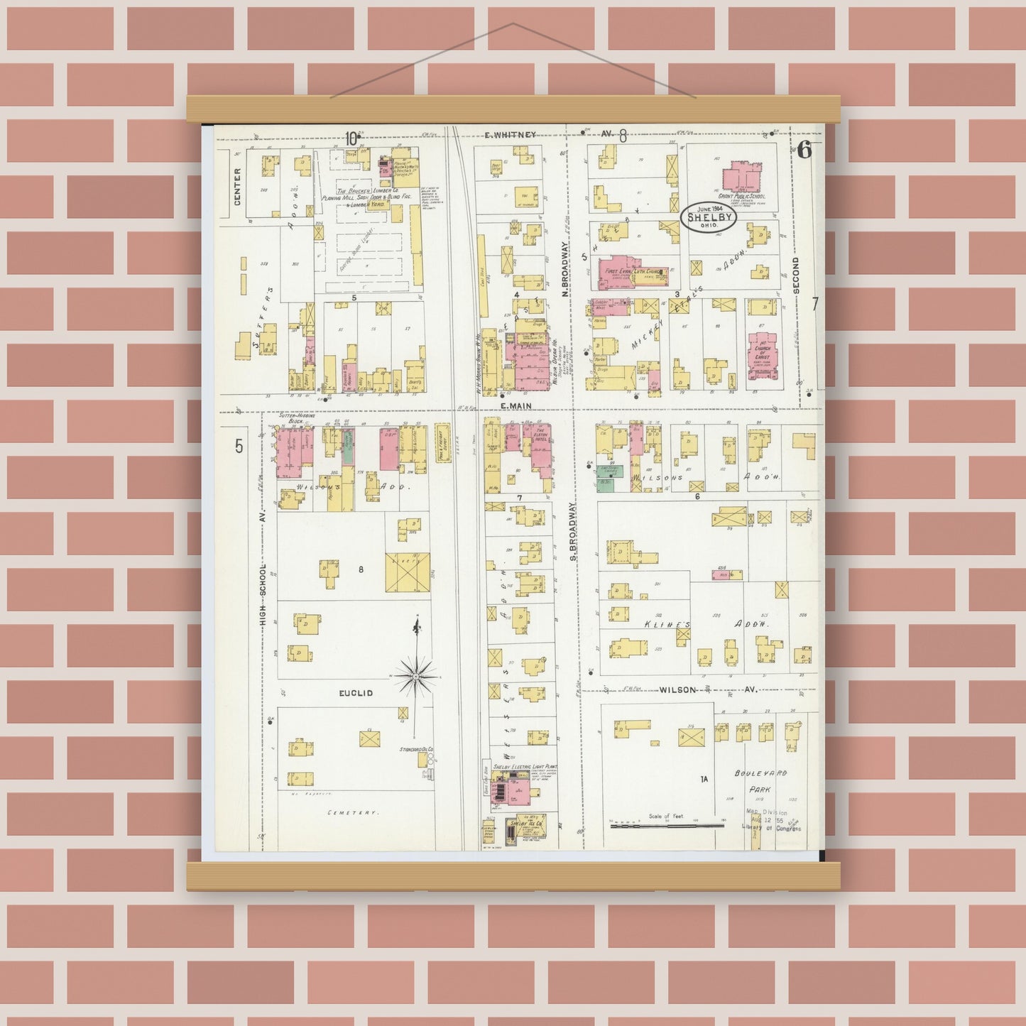 Old map wall art mockup — magnetic wood frame on brick wall — Sanborn Fire Insurance Map from Shelby, Richland County, Ohio (1904), Sheet #0006