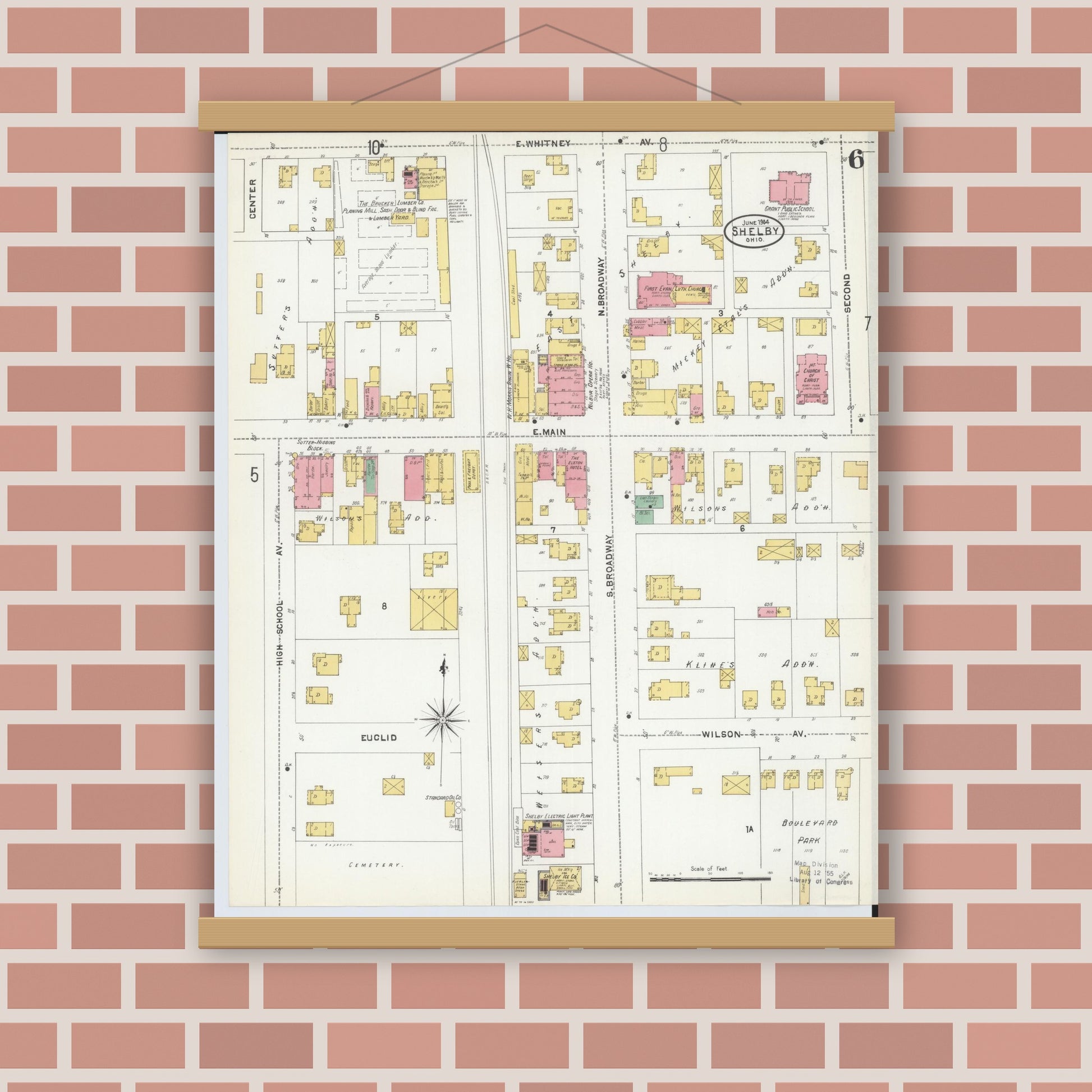 Old map wall art mockup — magnetic wood frame on brick wall — Sanborn Fire Insurance Map from Shelby, Richland County, Ohio (1904), Sheet #0006
