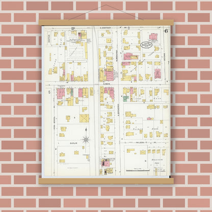 Old map wall art mockup — magnetic wood frame on brick wall — Sanborn Fire Insurance Map from Shelby, Richland County, Ohio (1904), Sheet #0006