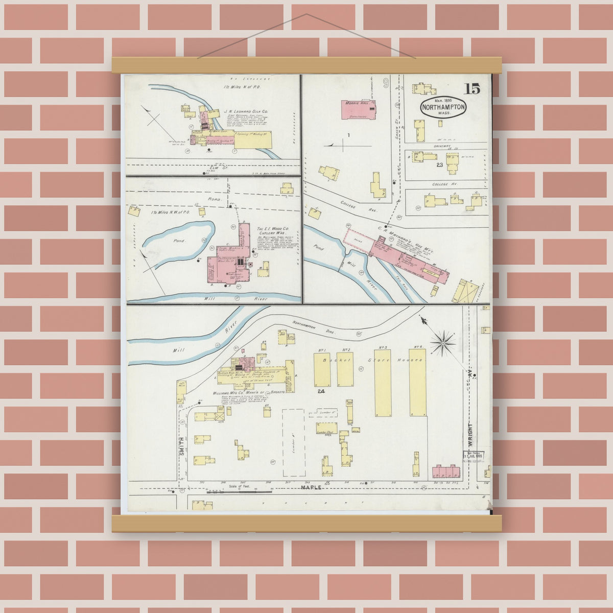 Old map wall art mockup — magnetic wood frame on brick wall — Sanborn Fire Insurance Map from Northampton, Hampshire County, Massachusetts (1895), Sheet #0015