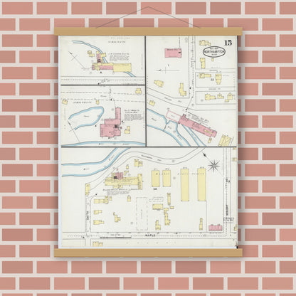 Old map wall art mockup — magnetic wood frame on brick wall — Sanborn Fire Insurance Map from Northampton, Hampshire County, Massachusetts (1895), Sheet #0015