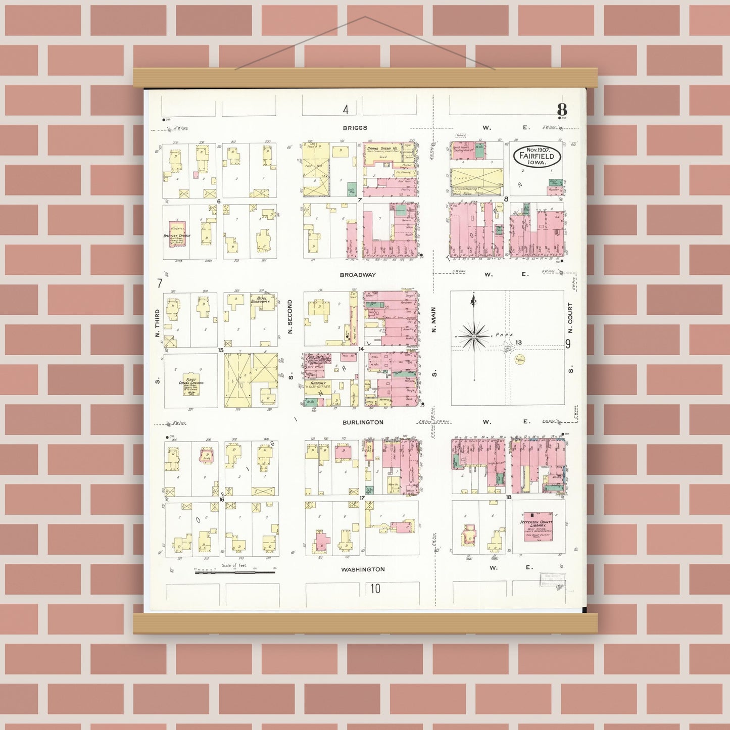 Old map wall art mockup — magnetic wood frame on brick wall — Sanborn Fire Insurance Map from Fairfield, Jefferson County, Iowa (1907), Sheet #0008