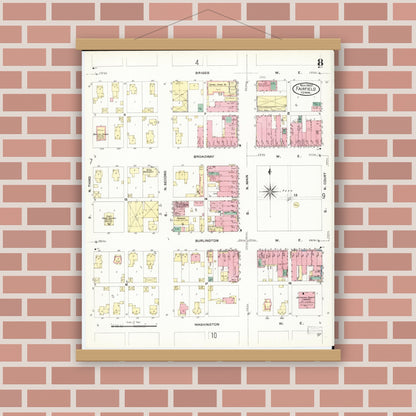Old map wall art mockup — magnetic wood frame on brick wall — Sanborn Fire Insurance Map from Fairfield, Jefferson County, Iowa (1907), Sheet #0008