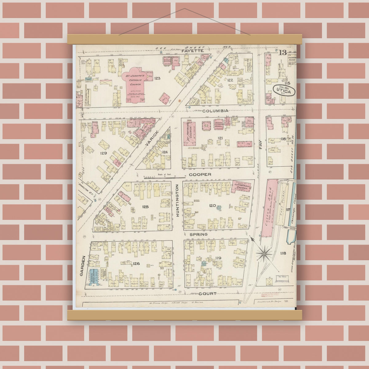 Old map wall art mockup — magnetic wood frame on brick wall — Sanborn Fire Insurance Map from Utica, Oneida County, New York (1884), Sheet #0013