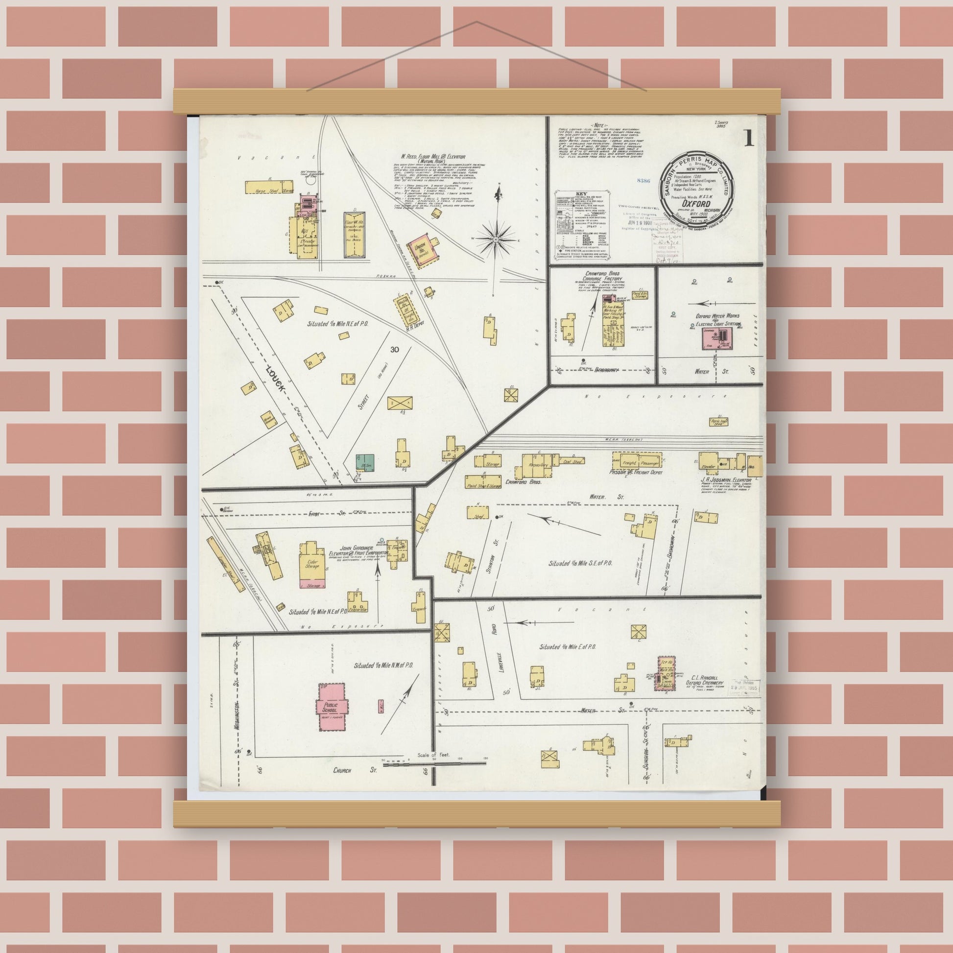 Old map wall art mockup — magnetic wood frame on brick wall — Sanborn Fire Insurance Map from Oxford, Oakland County, Michigan (1900) - Complete Map Set
