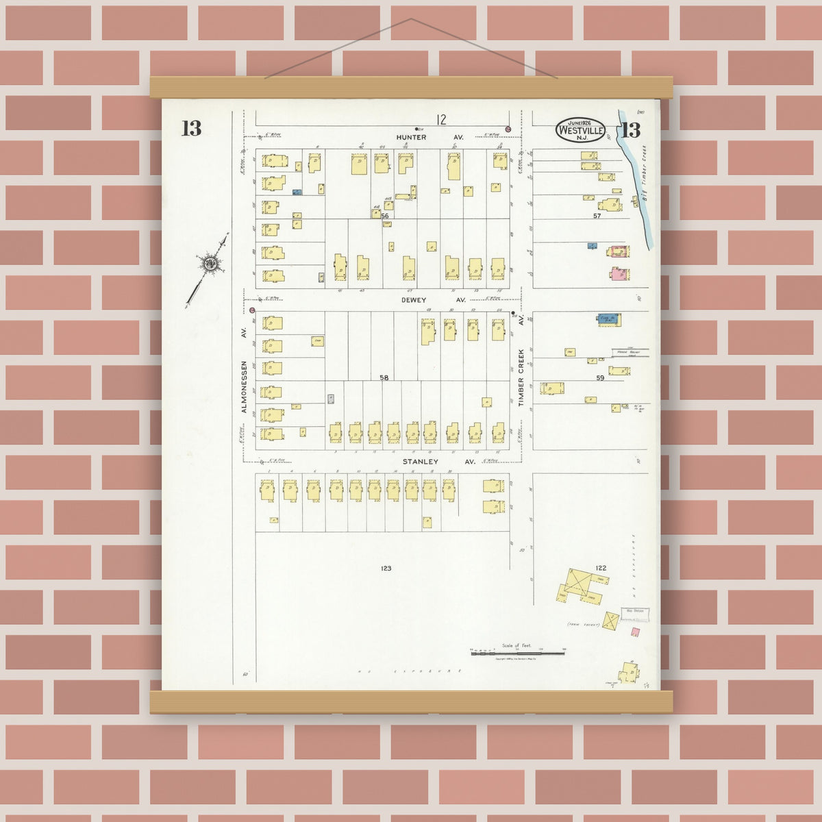 Old map wall art mockup — magnetic wood frame on brick wall — Sanborn Fire Insurance Map from Westville, Gloucester County, New Jersey (1926), Sheet #0013