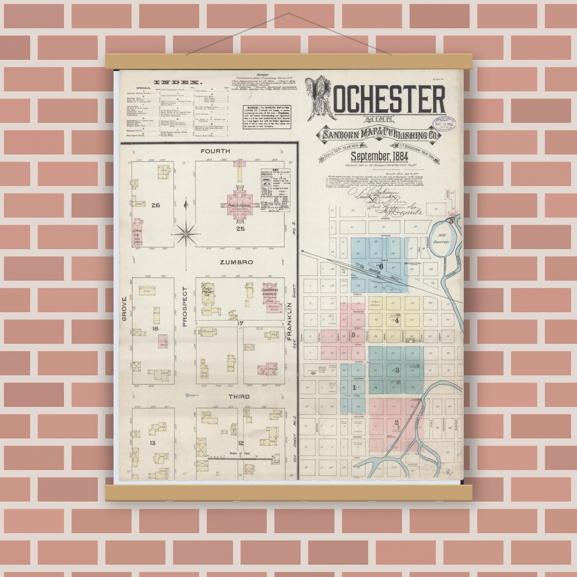 Old map wall art mockup — magnetic wood frame on brick wall — Sanborn Fire Insurance Map from Rochester, Olmsted County, Minnesota (1884) - Complete Map Set