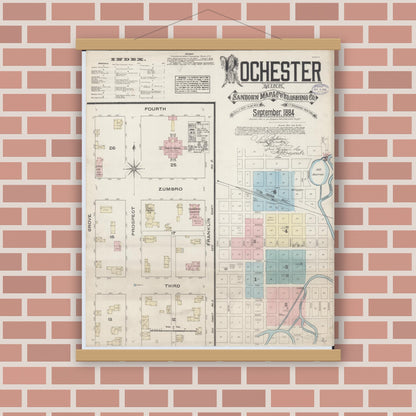 Old map wall art mockup — magnetic wood frame on brick wall — Sanborn Fire Insurance Map from Rochester, Olmsted County, Minnesota (1884) - Complete Map Set