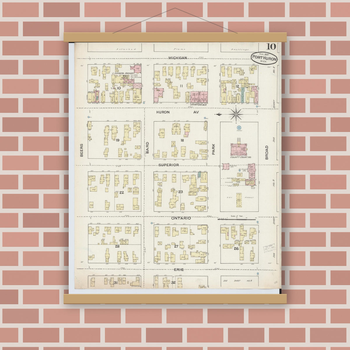 Old map wall art mockup — magnetic wood frame on brick wall — Sanborn Fire Insurance Map from Port Huron, Saint Clair County, Michigan (1887), Sheet #0010