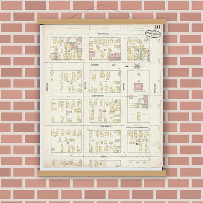 Old map wall art mockup — magnetic wood frame on brick wall — Sanborn Fire Insurance Map from Port Huron, Saint Clair County, Michigan (1887), Sheet #0010