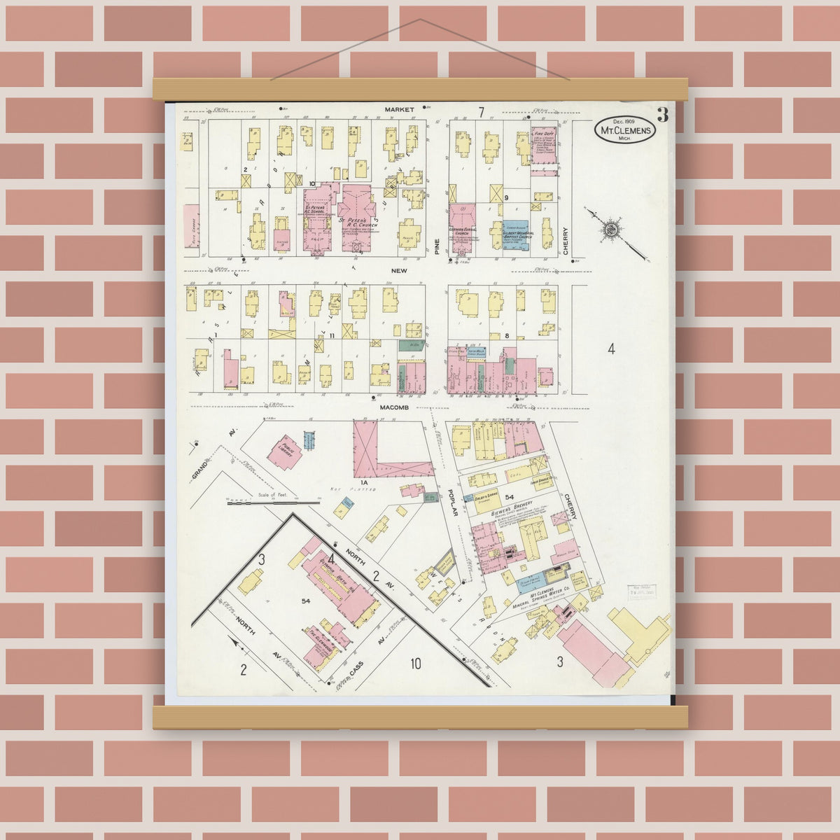 Old map wall art mockup — magnetic wood frame on brick wall — Sanborn Fire Insurance Map from Mount Clemens, Macomb County, Michigan (1909), Sheet #0003