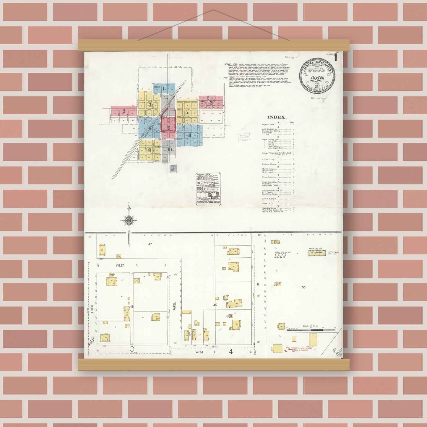 Old map wall art mockup — magnetic wood frame on brick wall — Sanborn Fire Insurance Map from Dixon, Solano County, California (1921) - Complete Map Set