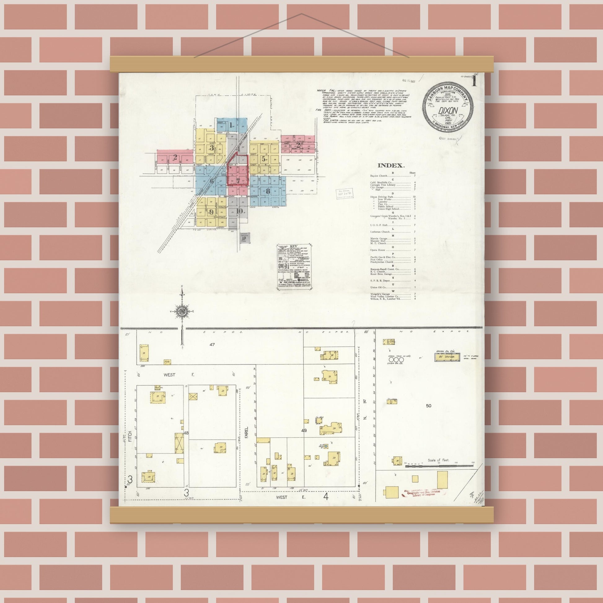 Old map wall art mockup — magnetic wood frame on brick wall — Sanborn Fire Insurance Map from Dixon, Solano County, California (1921) - Complete Map Set