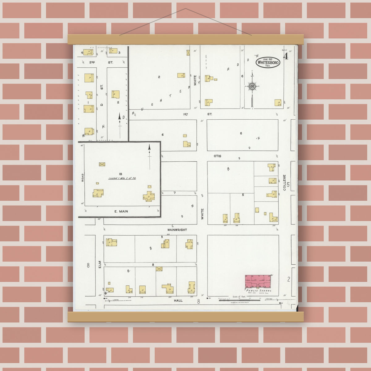 Old map wall art mockup — magnetic wood frame on brick wall — Sanborn Fire Insurance Map from Whitesboro, Grayson County, Texas (1921), Sheet #0004