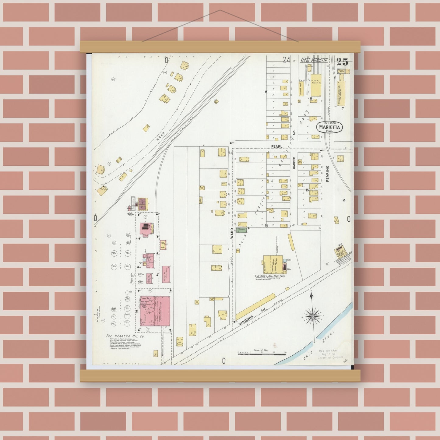 Old map wall art mockup — magnetic wood frame on brick wall — Sanborn Fire Insurance Map from Marietta, Washington County, Ohio (1900), Sheet #0025