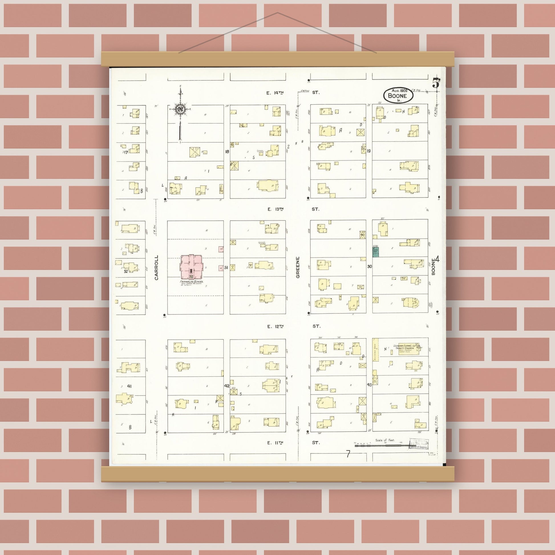 Old map wall art mockup — magnetic wood frame on brick wall — Sanborn Fire Insurance Map from Boone, Boone County, Iowa (1909), Sheet #0005