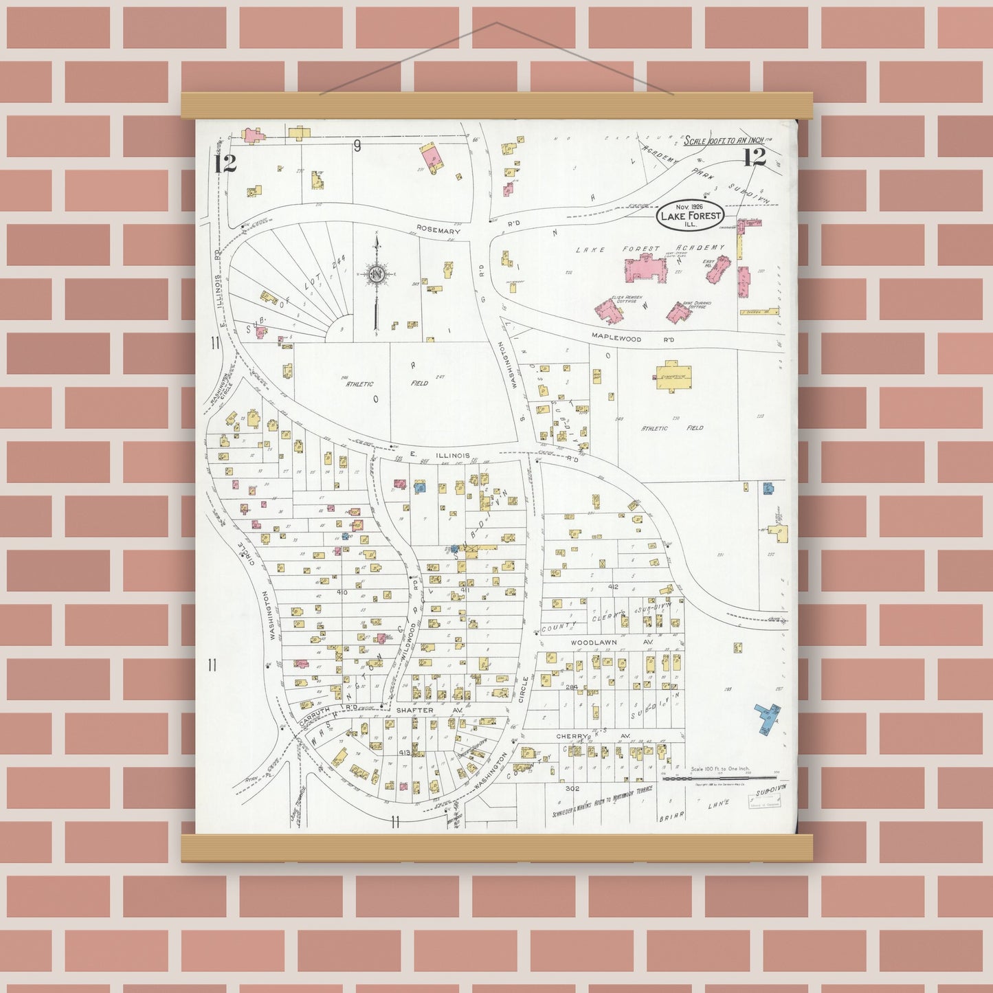 Old map wall art mockup — magnetic wood frame on brick wall — Sanborn Fire Insurance Map from Lake Forest, Lake County, Illinois (1926), Sheet #0012